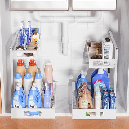 TISTAYA Full Metal Under Sink Organizer, Pull Out Cabinet Organizers and Storage, Silk-Smooth Sliding Drawer for Kitchen, Bathroom, Pantry, Cabinet, Closet (White, 2 Pack)