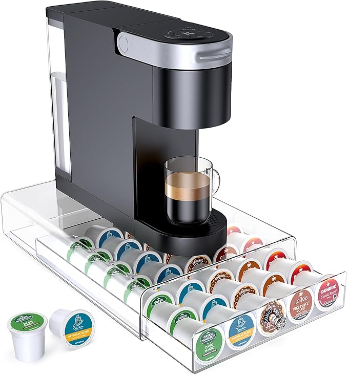 Crystal Clear Acrylic K Cup Organizer Coffee Pod Storage Box, 35 Pods Coffee Pods and Tea Organizer Holder, K Pod Drawer Coffee Maker Stand, Organizador De Cafe, Kcup Drawer Organizer Under Brewer