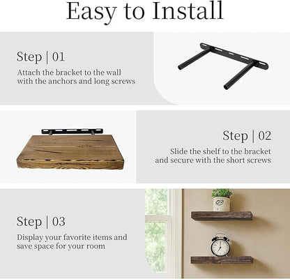 BGMG Wood Floating Shelves for Wall 12 inch Set of 2,Distressed,Rustic Wooden Wall Mount Shelves for Bathroom Living Room Bedroom Kitchen Farmhouse-12x6.7x1.25 inch-Distressed Walnut