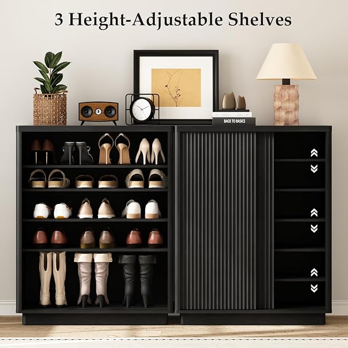 Fluted Shoe Cabinet with Sliding Door, 6-Tier Large Hidden Storage Organizer Modern Shoe Rack with Adjustable Shelves, Mid Century Freestanding Wooden Shoe Storage Cabinet for Entryway,Black