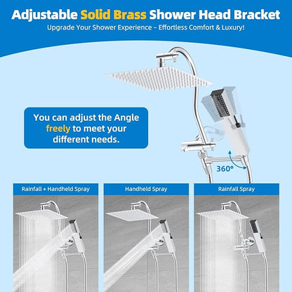 Hibbent All Metal cUPC Certified Shower Head, 12'' High Pressure Rainfall Shower Head, Showerhead Combo, Handheld Shower Wand, 12'' Adjustable Extension Arm, 4-Spray, 71'' Hose, Shower Holder, Chrome