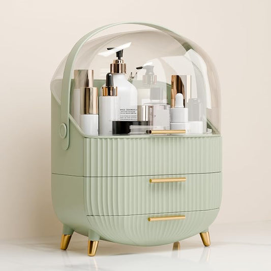 lurcns Makeup Organizers and Storage, Make up Organizer for Vanity Cosmetics Skincare Organizers With Lid and Drawers Display Cases for Countertop（Sage Green）