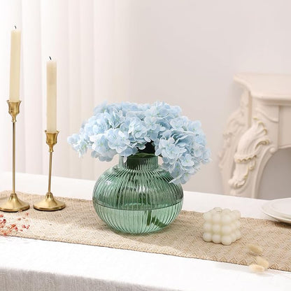 Green Glass Vase for Tulips, Ribbed Glass Vase for Flowers, Round Flower Vases, Small Short Vases for Living Room, Office, Coffee Table, Shelf, Wedding, 6 Inches