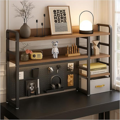 Desktop Bookshelf, pegboard Storage and Organization Rack, Dorm Desk Shelf, Desk Hutch, Desktop Storage for Office, Study, Student Display Rack,Desktop Shelves (Black+Walnut 53.1" Lx9.9 Wx37 H)