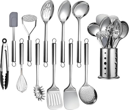 12 Pcs Stainless Steel Cooking Utensils Set, Metal Kitchen Tools Include Utensil Holder, Solid & Slotted Spatula, Spoon, Ladle, Pasta Server, Potato Maseher, Egg Whisk,Cooking Tong, Flexible Spatula