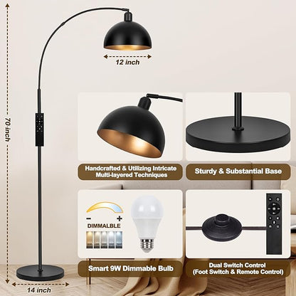 【Upgraded】Black Arc Floor Lamps for Living Room - Dimmable Arched Floor Lamp with Remote Control & 2700-6000K 9W LED Bulb Included, Modern Arch Standing lamp, Industrial Tall Lamp for Bedroom Reading