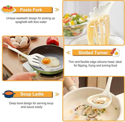 TeamFar Silicone Cooking Utensils Set, 7-Piece Heat Proof Kitchen Utensils Set, Kitchen Tools Spatula Turner Ladle Spoon Pasta Fork for Nonstick Cookware, Non-Toxic & Dishwasher Safe, White