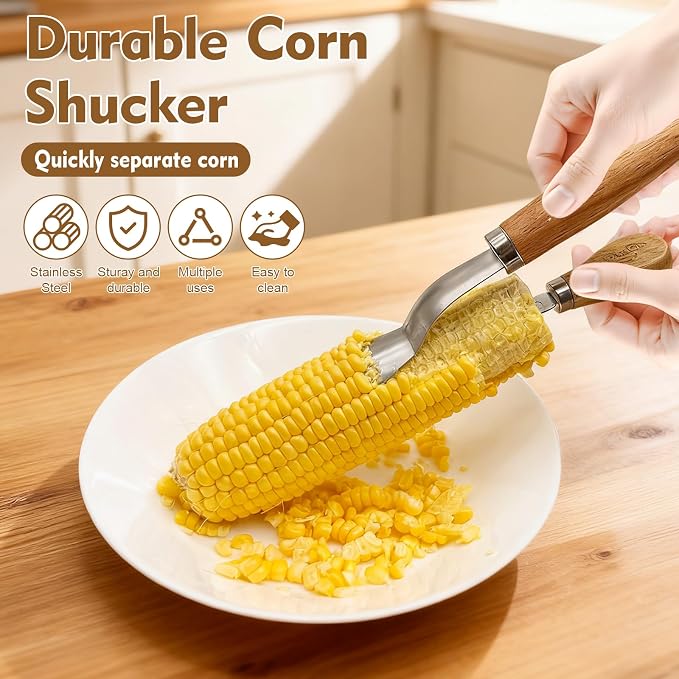 Corn Peeler + Corn Cob Holders, Corn on The Cob Stripper Tool, Corn Cob Stripper tool, Corn Cob Peeler, Sweet Corn Planer Cutter Kernel remover tool, Wooden Handle for Hand Grip, Corn Pick Set
