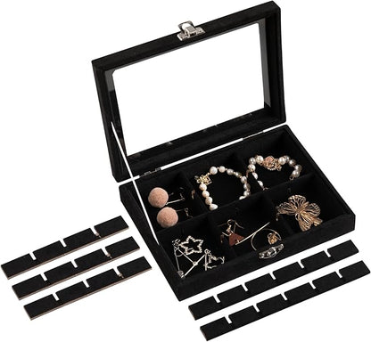 Frebeauty 24 Grid Jewelry Tray,Velvet Stud Earring Organizer,Small Jewelry Organizer with Clear Lid,Lockable Earring Holder Organizer Jewelry Boxes & Organizer Ring Holder for Women & Girls(Black)