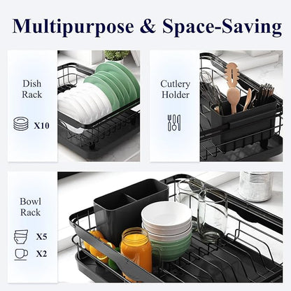 Kitsure Dish Drying Rack for Kitchen Counter, Stainless Steel Sink Organization and Storage Essentials with Cutlery Holder, Home and Appartment Decor, 12.2''W x 15.7''~23''L, Black
