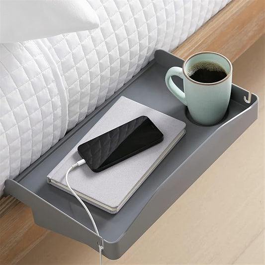 Modern Innovations Bedside Shelf for Bed, College Dorm Room, Bunk Bed Shelf for Top Bunk, Clip On Nightstand Tray with Cord and Cup Holder, Bunkbed Caddy for Table Storage (Dark Gray)