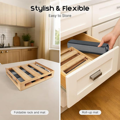 ArtyCozy Extra Large Rollable Stone Drying Mat with Foldable Bamboo Dish Drying Rack for Kitchen Counter, Super Absorbent Diatomaceous Earth and Quick Drying Rack, 27"×17", Dark and Light Grey