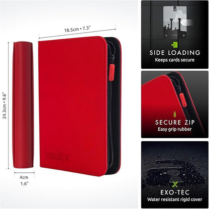 Vault X 4 Pocket Zip Binder, 160 Cards, Exo-Tec Material, 20 Side-Loading Pages (Red)