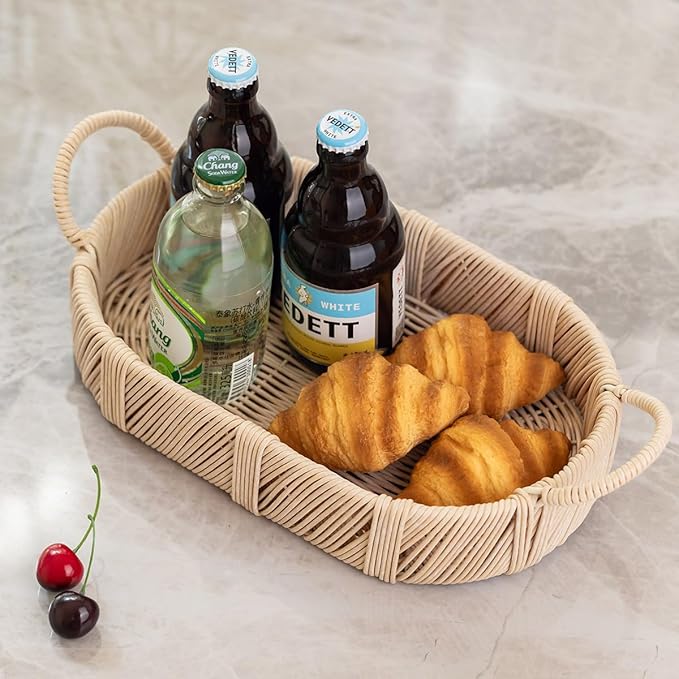 Hand-Woven Rattan-Style Storage Basket with Handles, Beige Oval Organizer Tray for Bathroom Kitchen Living Room | Fruit, Snack, Cosmetic & Toiletries Organizer | Decorative Multi-Purpose Basket