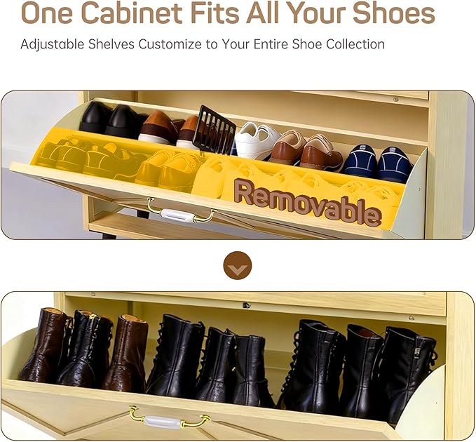 Shoe Storage Cabinet for Entryway with 2 Flip Drawers, Narrow Metal Slim Shoe Cabinet, Freestanding Hidden Shoe Organizer for Foyer, Hallway, Entryway - Wood Color
