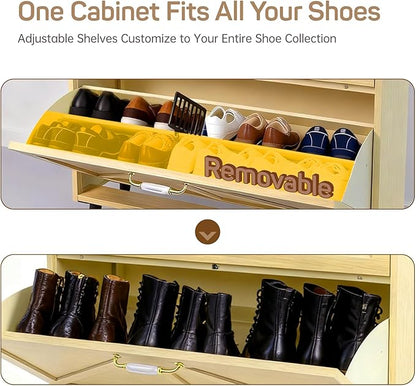 Shoe Storage Cabinet for Entryway with 2 Flip Drawers, Narrow Metal Slim Shoe Cabinet, Freestanding Hidden Shoe Organizer for Foyer, Hallway, Entryway - Wood Color