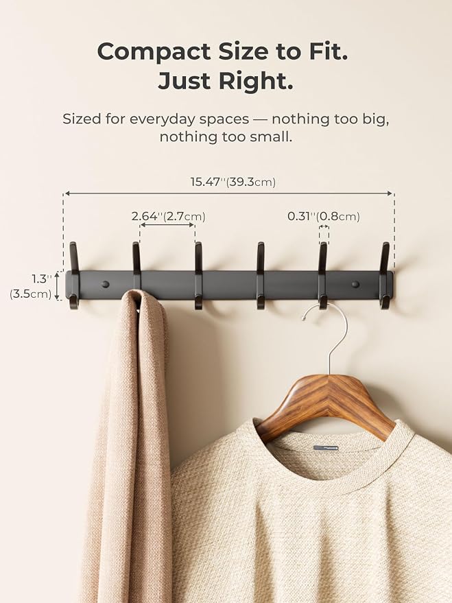 GWAAZXGZ Coat Rack Wall Mount Hooks - 15 Inch Matte Black Metal 6-Hook Organizer Wall Mounted, Modern Kids Room, Entryway & Bathroom Hanger for Beach Towels, Coats, Purses, Bags (2 Pack)