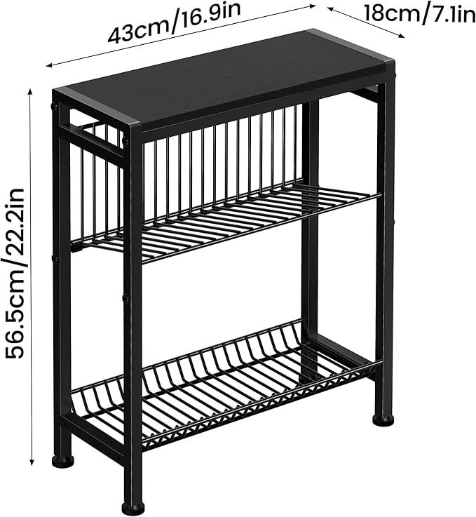 Narrow Side Table for Small Space, 3-Tier End Table with Magazine Holder, Slim Nightstand with Wire Shelf, Skinny Bedside Table in Living Room, Bedroom, Study, Kitchen and Balcony (Black)