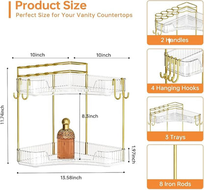 2-Tier Corner Bathroom Counter Organizer，Makeup & Skincare Shelf with Built-in Brush Holder，Space-Saving Bathroom Countertop Organizer for Skincare, Perfume, Cosmetics(Clear)