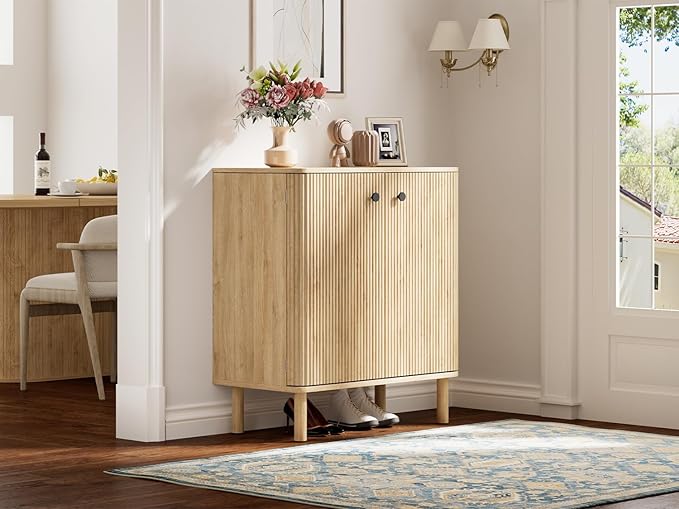 Fluted Sideboard Cabinet, Modern Buffet Cabinet, Small Storage Cabinet with Adjustable Shelves & Wood Legs, Accent Credenza Sideboard for Kitchen, Coffee Bar, Living Room, Entryway, Hallway
