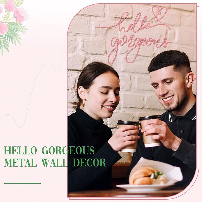 Hicarer Hello Gorgeous Metal Wall Art Decor Minimalist Decoration Metal Hello Gorgeous Decorative Sign for Living Room Office Bedroom Hotel Home Wall Decoration(Pink,Classic Style)