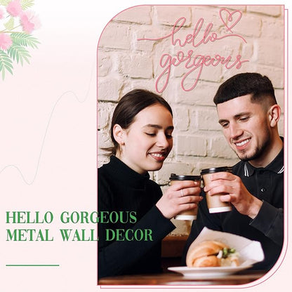 Hicarer Hello Gorgeous Metal Wall Art Decor Minimalist Decoration Metal Hello Gorgeous Decorative Sign for Living Room Office Bedroom Hotel Home Wall Decoration(Pink,Classic Style)