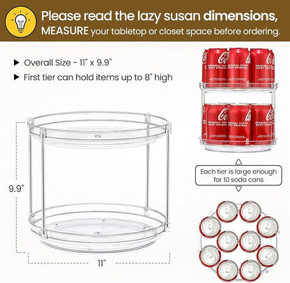 2 Set 2 Tier Non-Skid Acrylic Lazy Susan Organizer - Rotating Spice Rack - Turntable Spinning Organization for Kitchen, Pantry, Countertop, Closet, Bathroom, Vanity, Medicine Cabinet Organizing, 11''