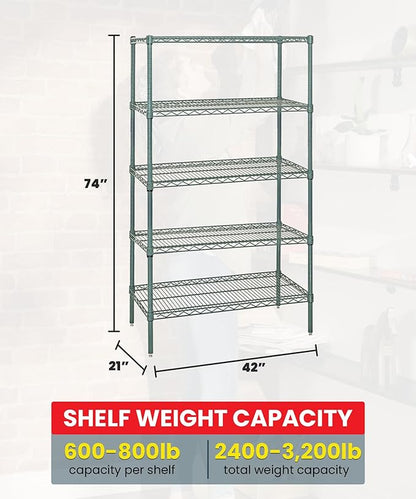 Quantum Storage Systems WR74-2142P-5 Wire Shelving Starter Kit, 42" W x 21" D x 74" H, 600 lbs Capacity, Carbon Steel, Epoxy Coated, Green, NSF