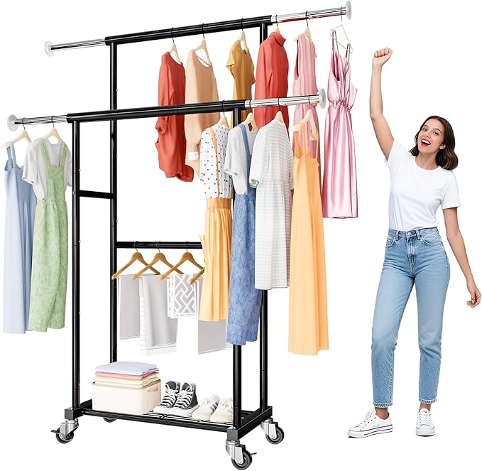 SUFAUY Double Rod 80" Tall Rolling Clothing Garment Rack for Hanging Dresses Clothes, with Caseter Wheels & Adjustable Rod & Shelves, Black