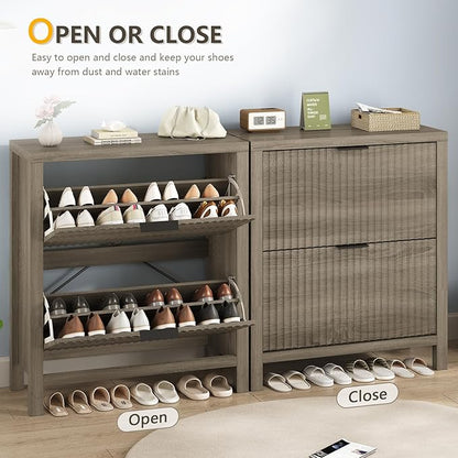 Shoe Cabinet Storage for Entryway, Fluted Shoe Cabinet with 2 Flip Drawers, Hidden Shoe Rack Tall Freestanding Shoe Organizer with Legs for Hallway, Gray