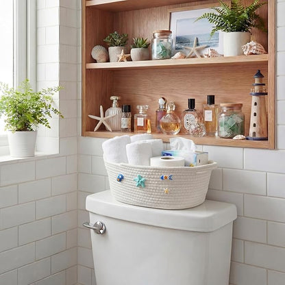 Remerry Boho Coastal Toilet Paper Storage Basket Beach Ocean Bathroom Accessories White Cotton Rope Bin with Starfish Organizer Decor for Toilet Closet Nursery Organizing 12 x 8 x 5 Inch