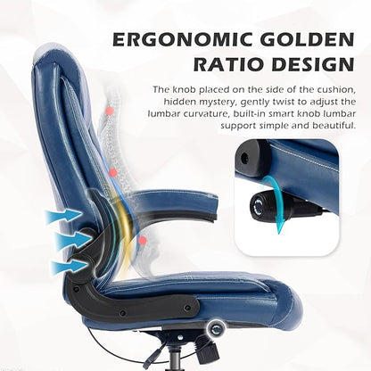 YAMASORO Executive Office Chair,Big and Tall Ergonomic Desk Chair with Adjustable Lumbar Support,Breathable PU Leather Computer Chair wih Flip-up Arms and Wheels,Navy Blue