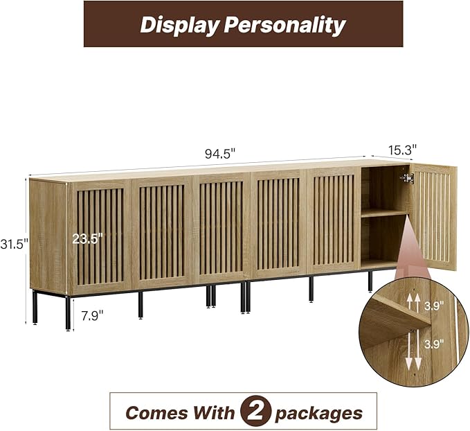 Buffet Cabinet with Storage,Set of 2 Farmhouse Console Table with Metal Base and Adjustable Shelves,Sideboard Coffee Bar Cabinet with 6 Doors for Kitchen,Dining Room,Living Room,Oak