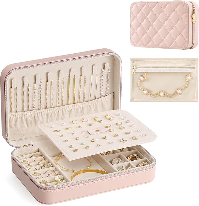 Lolalet Travel Jewelry Case for Women Girls, Travel Jewelry Organizer with Clear Storage Bag Small Portable Jewelry Box for Necklace Bracelet Earring Ring Valentines Bridesmaid Gifts -Large/Pink