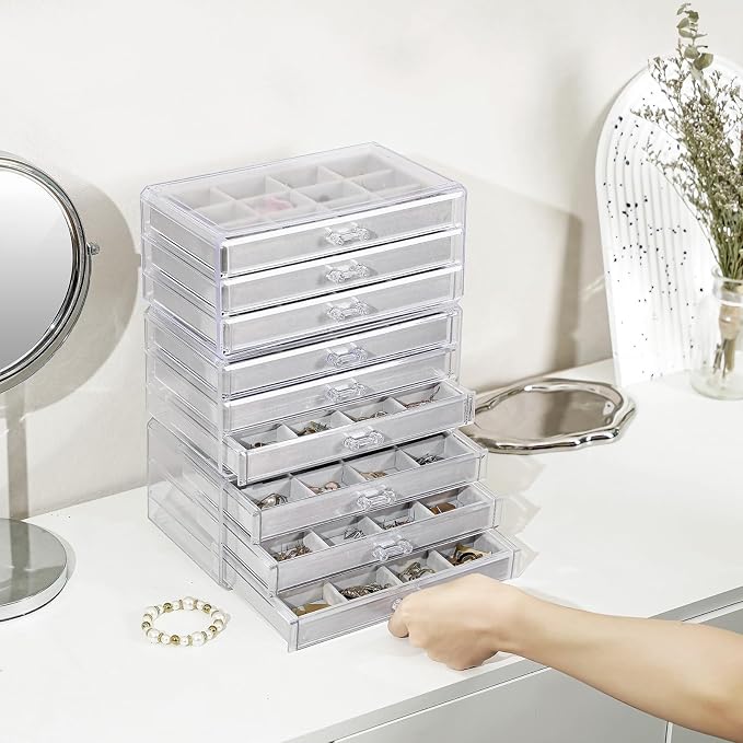 Lolalet Earring Holder Organizer Box Jewelry Storage with 9 Drawers, Clear Acrylic Stackable Earring Case with Adjustable Velvet Trays for Women on Dresser Vanity -Grey, 9 Layers