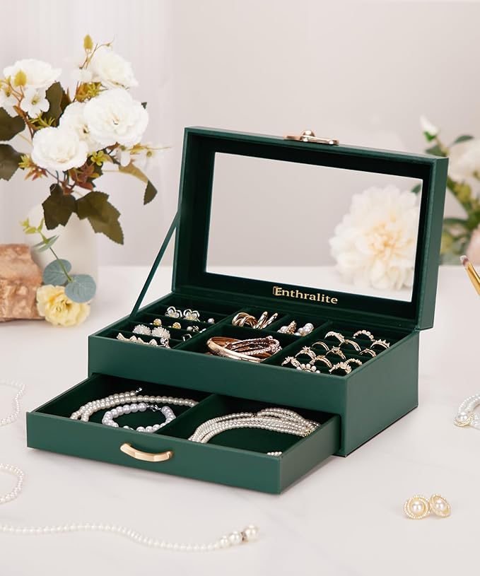 Jewelry Box with 1 Drawers: Display Organizer for Earrings Necklaces - Christmas Gifts for Girls Women (Forest Green)