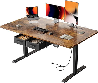 HLDIRECT Electric Standing Desk, 55 x 31.5 Inches Height Adjustable Table with Outlets, Sit Stand Computer Desk with Drawers for Home Office, Ergonomic Rising Workstation, Rustic Brown