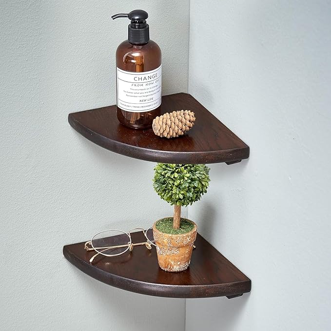 Conamily Corner Shelves, Floating Corner Shelf, Set of 2 Solid Oak Wood Wall Shelves, Round End Wall Mount with Wire Hole Shelving for Small Plant for Bedroom Kitchen, Living Room Walnut 8.7”