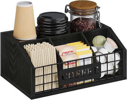 YINMIT Coffee Station Organizer for Countertop, Wood Coffee Bar Organizer with Removable Dividers for Pods, Syrup, Cups, Stirrer, Tea - Office Bar Accessories, Iron Wire-Black