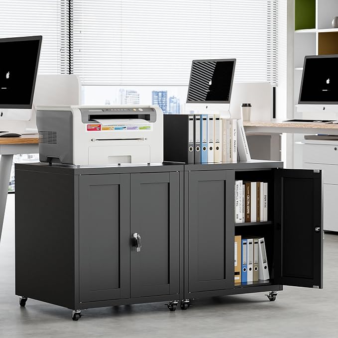 Large Printer Stand with Storage and Lock, 3D Heavy-Duty Printer Cabinet, Printer Table for Home Office with Doors and Adjustable Shelves, for Office Copier and Fax Machine, Black