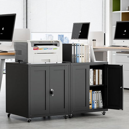Large Printer Stand with Storage and Lock, 3D Heavy-Duty Printer Cabinet, Printer Table for Home Office with Doors and Adjustable Shelves, for Office Copier and Fax Machine, Black