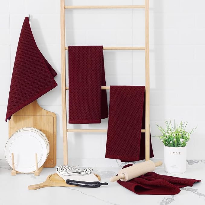 Homaxy 100% Cotton Waffle Weave Kitchen Dish Towels, Ultra Soft Absorbent Quick Drying Cleaning Towel, 13 x 28 Inches, 18-Pack, Burgundy