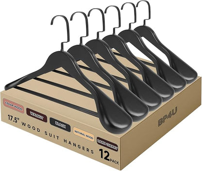 17.5" Wooden Suit Hangers with Non Slip Pants Bar, 12-Pack Wood Extra-Wide Shoulder Hangers with Flat-Head Hook for Suits, Coats, Jackets, Shirts, Pants, Heavy Clothes (Black)