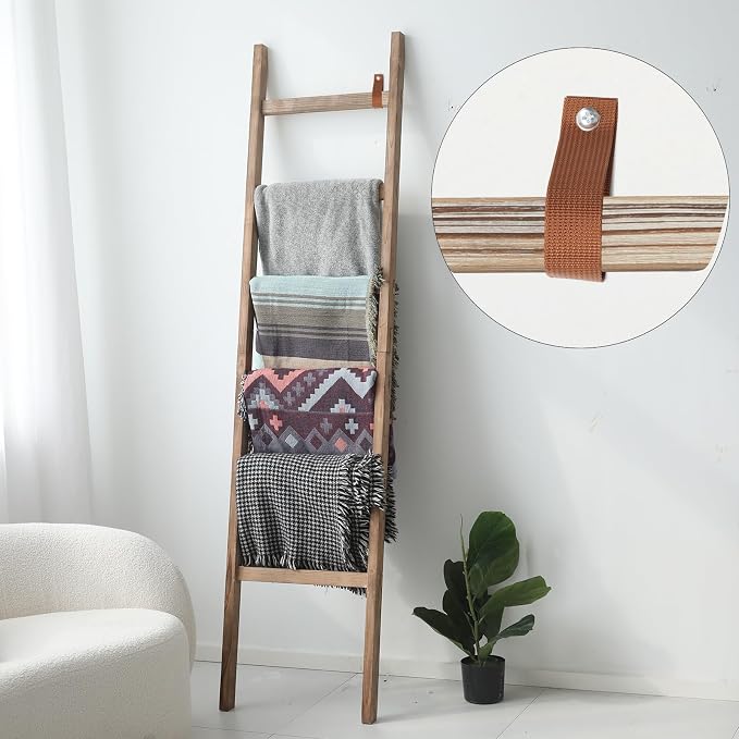FUIN 6.4ft Extra Wide Wooden Blanket Ladder Living Room Decorative Wal Leaning Farmhouse Quilt Display Holder Rustic Wood Towel Rack for Bathroom, Burnt Brown, 18.5 inch Wide