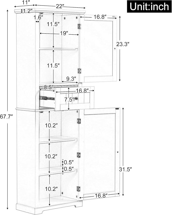 Bathroom Storage Cabinet, Tall Cabinet with Adjustable Shelf | Tall bathroom storage cabinet, 2 enclosed cabinets and middle pull-out compartment keep daily essentials organized