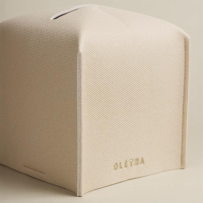 OLETHA Square Tissue Box Cover - Aesthetic Modern Farmhouse Decor for Room, Home & Office - Tissues Cube Boxes Holder - Canvas Grain, Greige