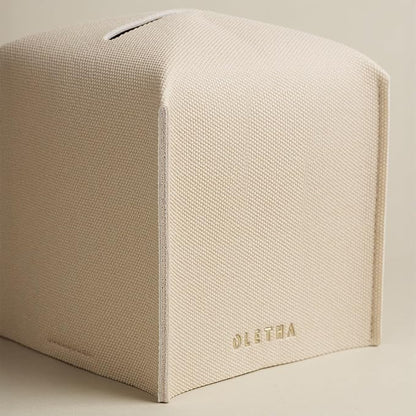 OLETHA Square Tissue Box Cover - Aesthetic Modern Farmhouse Decor for Room, Home & Office - Tissues Cube Boxes Holder - Canvas Grain, Greige