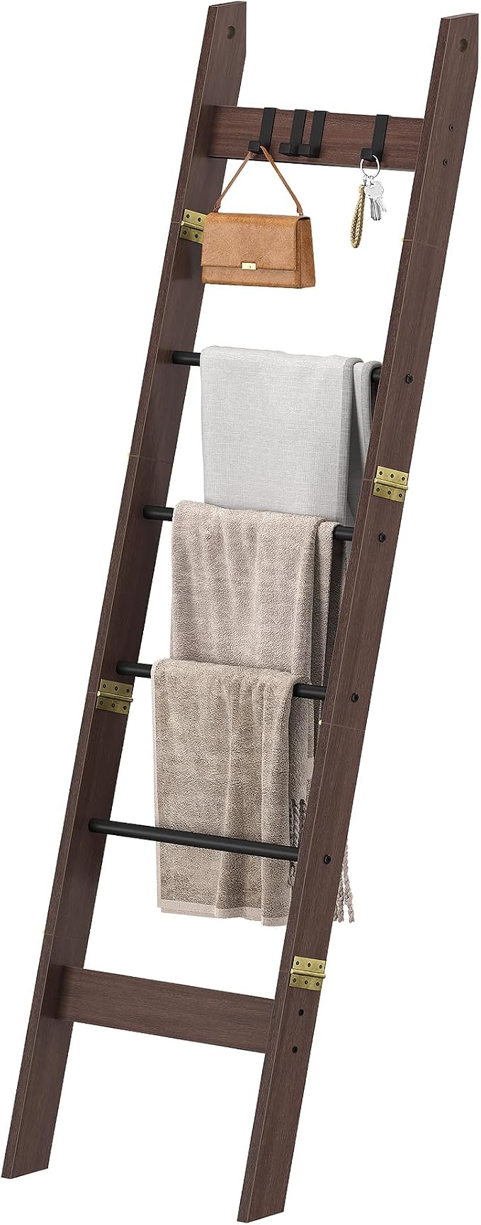 Hzuaneri Blanket Ladder for Living Room, Decorative Quilt Rack with 4 Removable Hooks, 6-Tier Farmhouse Ladder Holder Shelf Organizer for Bedroom, Black Tea Brown and Black BR31520B