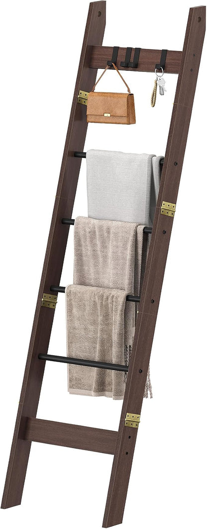 Hzuaneri Blanket Ladder for Living Room, Decorative Quilt Rack with 4 Removable Hooks, 6-Tier Farmhouse Ladder Holder Shelf Organizer for Bedroom, Black Tea Brown and Black BR31520B