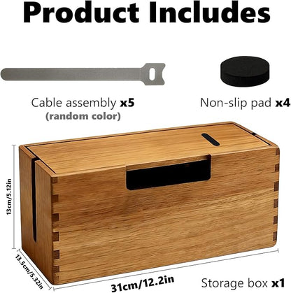 Acacia Wood Cable Management Box, Wooden Cord Hider Organizer for Power Strip, Desk/Floor/TV Wire Storage, Under Desk Cable Organizer for Home Office